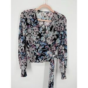 Bar III Floral Wrap Blouse Top L Large Chiffon Long Sleeve Smocked V-Neck Tie